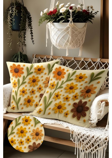 2’li Nakış Desenli, Çift Taraflı Baskı, Dekoratif Kırlent Kılıfı Seti – Bohem Stil, Fermuarlı