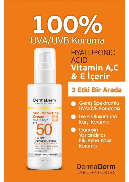 3 Adet Spf 50+ Güneş Koruma Vitaminli Yüz ve Vücut Güneş Kremi 3 x 100 Ml. ve 1 Adet Leke Karşıtı Güneş Serumu 50 Ml. fırsatları