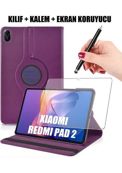 Redmi Pad 2 Uyumlu 360 Derece Dönebilen Uyku Modlu Standlı Akıllı Kılıf, Ekran Koruyucu ve Kalem Set