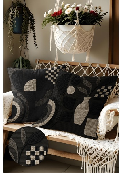 2’li Nakış Desenli, Çift Taraflı Baskı, Dekoratif Kırlent Kılıfı Seti – Bohem Stil, Fermuarlı