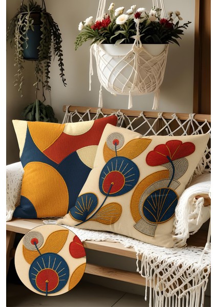 2’li Nakış Desenli, Çift Taraflı Baskı, Dekoratif Kırlent Kılıfı Seti – Bohem Stil, Fermuarlı