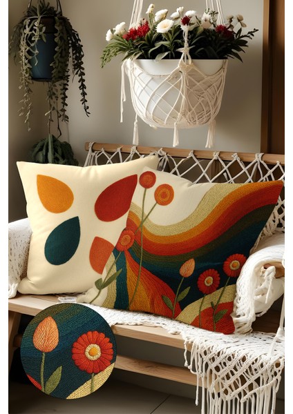 2’li Nakış Desenli, Çift Taraflı Baskı, Dekoratif Kırlent Kılıfı Seti – Bohem Stil, Fermuarlı