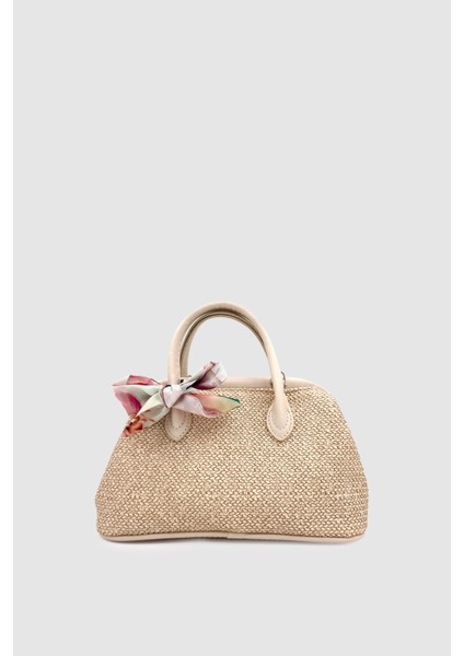 Peyli Fular Detaylı Çapraz Askılı Hasır El Çantası Krem