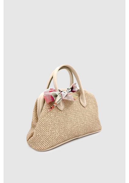 Peyli Fular Detaylı Çapraz Askılı Hasır El Çantası Krem modelleri