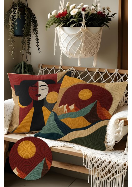 2’li Nakış Desenli, Çift Taraflı Baskı, Dekoratif Kırlent Kılıfı Seti – Bohem Stil, Fermuarlı