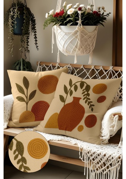 2’li Nakış Desenli, Çift Taraflı Baskı, Dekoratif Kırlent Kılıfı Seti – Bohem Stil, Fermuarlı