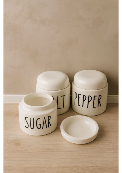 3’lü Porselen Salt Pepper Sugar Baharatlık Kavanoz Seti - Tuz, Biber, Kekik Saklama Kabı