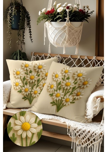 2’li Nakış Desenli, Çift Taraflı Baskı, Dekoratif Kırlent Kılıfı Seti – Bohem Stil, Fermuarlı