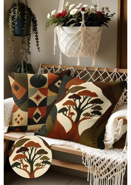 2’li Nakış Desenli, Çift Taraflı Baskı, Dekoratif Kırlent Kılıfı Seti – Bohem Stil, Fermuarlı