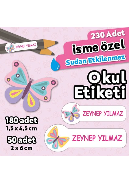 Kelebek Temalı Kişiye Özel Isimli Defter Kalem Okul Etiketi, Yırtılmaz Pvc Etiket, Sudan Etkilenmez