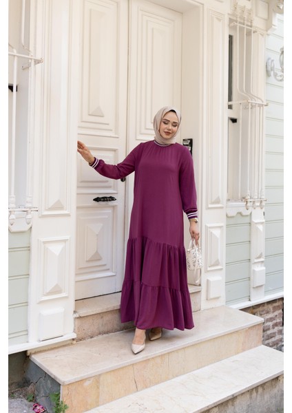 Kadın Kat Kat Ribanalı Fuşya Tesettür elbise modelleri