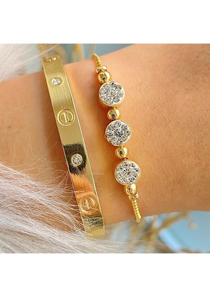 Altın Renk Kombin Bileklik Seti Cartier Taşlı Bileklik ve Zirkon Macun Bileklik
