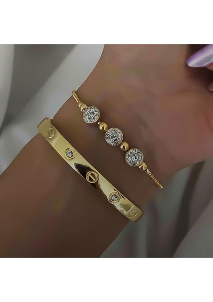 Altın Renk Kombin Bileklik Seti Cartier Taşlı Bileklik ve Zirkon Macun Bileklik fiyatları