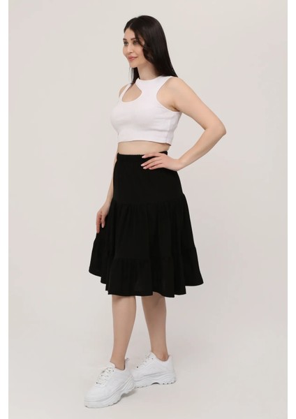 Viskon Kumaş Siyah Midi Boy Şort Etek