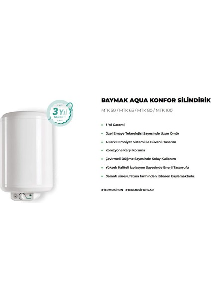 Aqua Konfor Termosifon 65 Lt Kolay Montajlı 3 Yıl Garanti ile Güvenli Kullanım