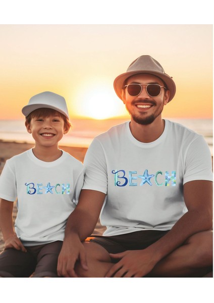 Beach Tatil Baskılı Aile Kombin Tişört (Tekli Üründür Kombin Için Sepete 2 Adet Ekleyiniz)