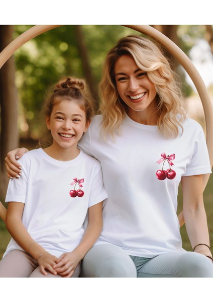 Aile Kombin Tişört- Anne Kız Kiraz Baskılı Bisiklet Yaka Tişört/t-Shirt (Tek Adet Fiyatıdır.)