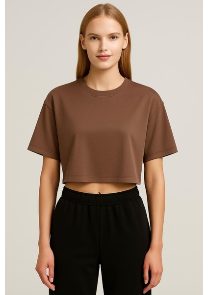 Kadın Açık Kahve Kısa Kollu Oversize T-SHIRT-D814