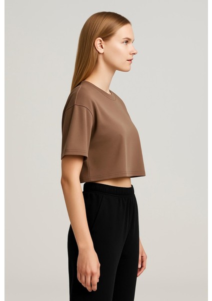 Kadın Açık Kahve Kısa Kollu Oversize T-SHIRT-D814 fiyatları