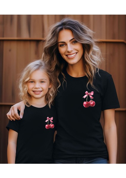 Aile Kombin Tişört- Anne Kız Kiraz Baskılı Bisiklet Yaka Tişört/t-Shirt (Tek Adet Fiyatıdır.)