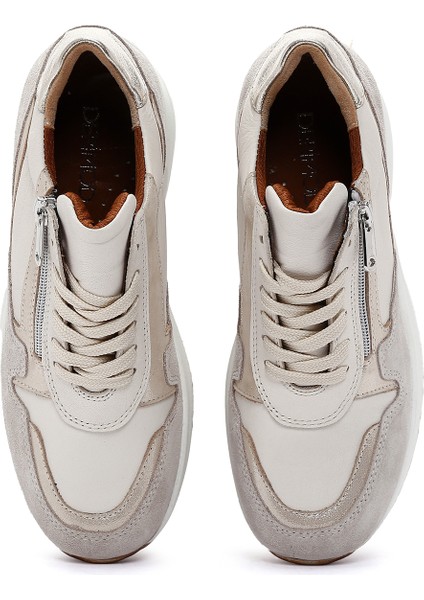 Kadın Bej Bağcıklı Fermuar Detaylı Dolgu Topuklu Deri Sneaker 25AFD370514