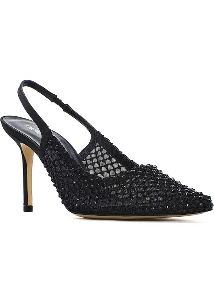 Kadın Siyah Taşlı Arkası Açık Ince Topuklu Deri Ayakkabı 25AFD1207TS