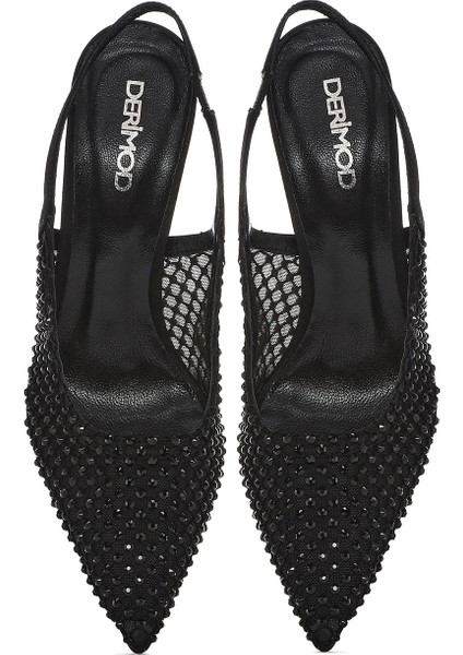 Kadın Siyah Taşlı Arkası Açık Ince Topuklu Deri Ayakkabı 25AFD1207TS