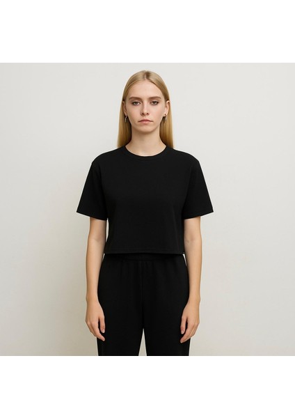 Kadın Siyah Kısa Kollu Oversize T-SHIRT-D814