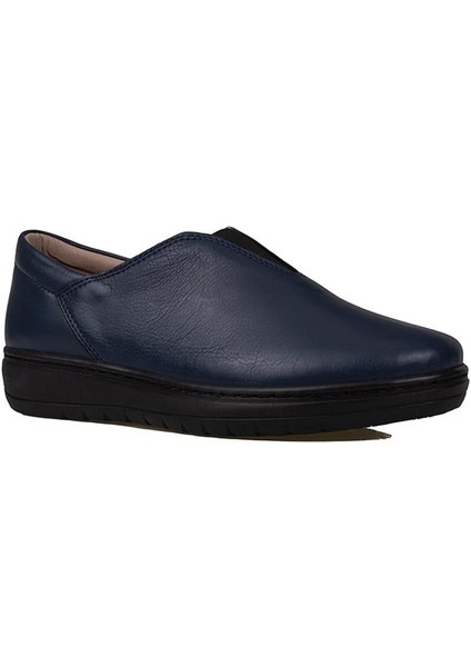 Lacivert Hakiki Deri Kadın Lastikli Comfort Ayakkabı