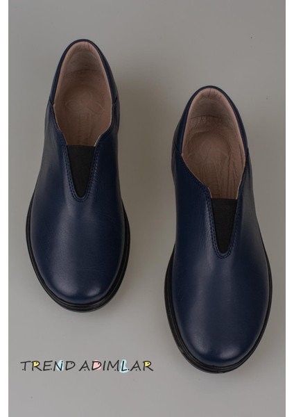 Lacivert Hakiki Deri Kadın Lastikli Comfort Ayakkabı indirimleri