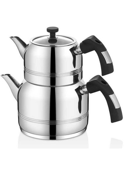 Collection - 8090 - ( M ) - 4 Parça, Indüksiyonlu Ocak Uyumlu, Çaydanlık Gümüş - Siyah Renk