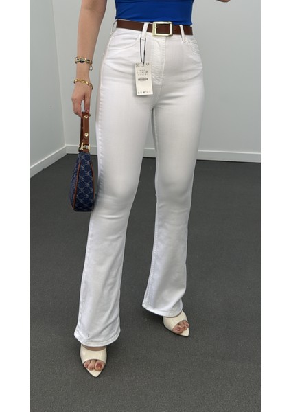 Beyaz Extra Yüksek Bel Full Likralı Flare Jeans