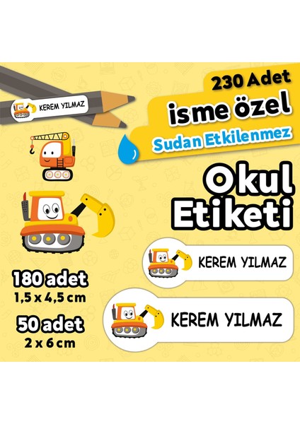 Iş Makinaları Temalı Kişiye Özel Isimli Defter Kalem Okul Etiketi, Yırtılmaz Pvc Etiket