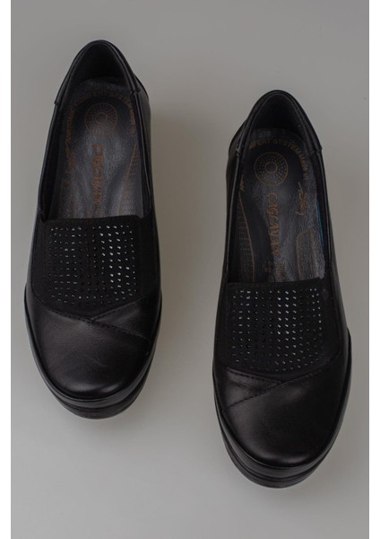 Siyah Hafif Dolgu Topuk Hakiki Deri Anne Ayakkabısı indirimleri