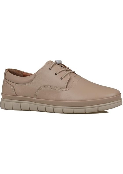 Krem Hakiki Deri Lastikli Kadın Comfort Ayakkabı