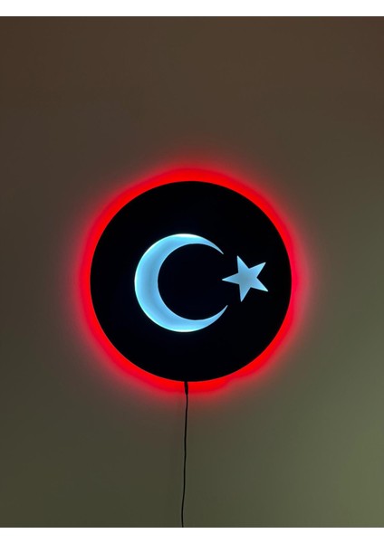 Ledli, Işıklı Yuvarlak Türk Bayrağı Tablosu, Dekoratif Ahşap Bayrak Tablo, LED Tablo