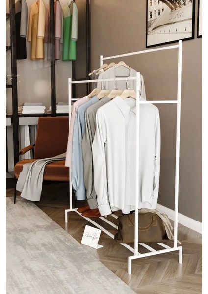 Beyaz Ikili Konfeksiyon Askısı Ayaklı Askılık Elbise Askılığı Beyaz Portmanto