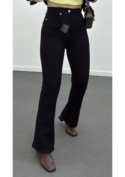 Siyah Extra Yüksek Bel Full Likralı Flare Jeans