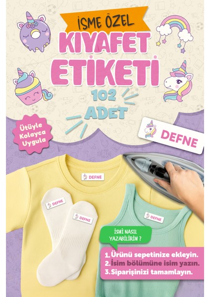 Kıyafet Etiketi - Okul Kıyafetlerine Kişiye Özel 30 Saniyede Kolay Uygulama Yıkanabilir - Unicorn