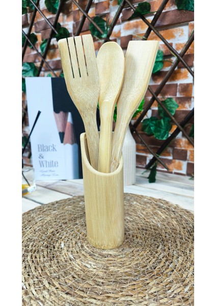 Bambu Kaşık Takımı 4 Parça Standlı