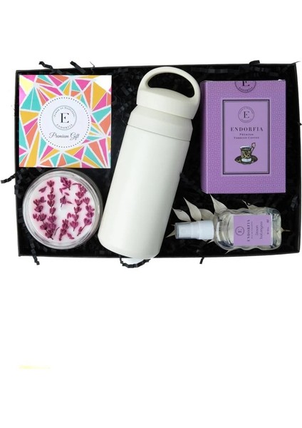 Hediyelik-Pembe Lavanta Dekorlu Kokulu Mum - Seyahat Kupası - 50 ml 80 C Kolonya - Premium Türk Kahvesi 100 gr