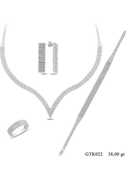 925 Ayar Gümüş 4 Sıra Su Yolu Bayan Düğün, Özel Gün Seti Kolye,bileklik,küpe,yüzük