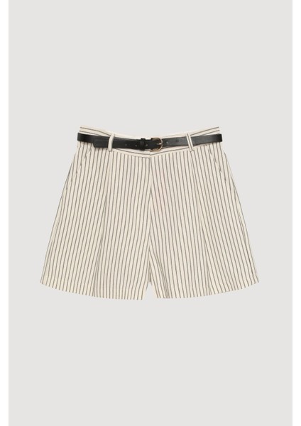 Kemer Detaylı Çizgili Kısa Şort Naturel