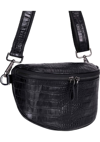Alora Hakiki Deri, El Yapımı, Timsah Desenli Bel Çantası, Siyah