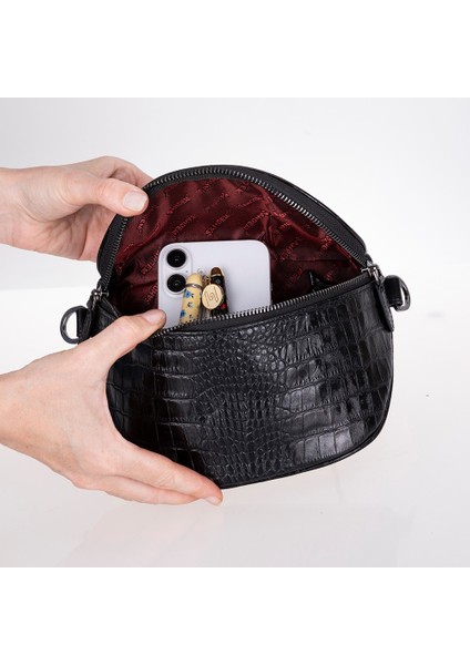 Alora Hakiki Deri, El Yapımı, Timsah Desenli Bel Çantası, Siyah modelleri