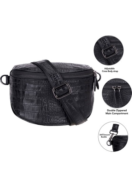 Alora Hakiki Deri, El Yapımı, Timsah Desenli Bel Çantası, Siyah indirimleri