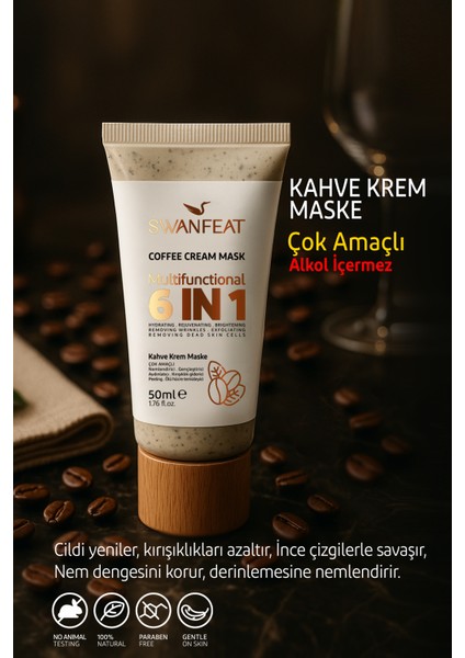 6 in 1 Kahve Krem Maske Çok Amaçlı Aydınlatıcı, Peeling, Nemlendirici, Ölü Hücre Temizleyici 50ml