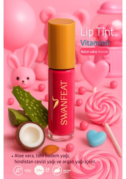 Lip Tint Besleyici Vitaminli Nemlendirici Aloe Vera Balon Sakız Aromalı Pembe 10ml