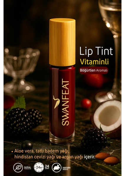 Lip Tint Besleyici Vitaminli Nemlendirici Aloe Vera Böğürtlen Aromalı Bordo Rengi 10ml