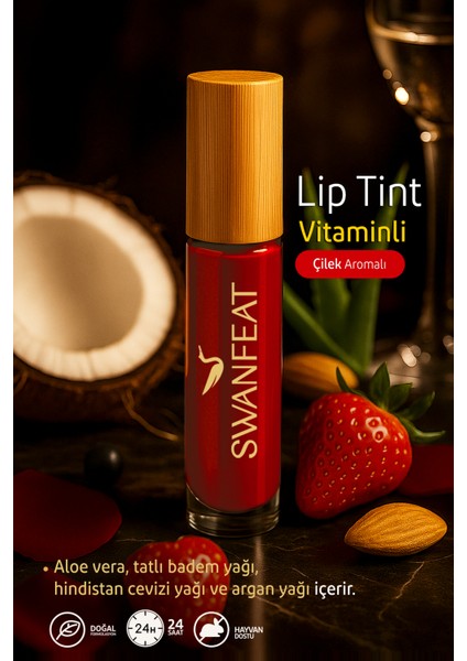 Lip Tint Besleyici Vitaminli Nemlendirici Aloe Vera Çilek Aromalı Kırmızı Rengi 10ml